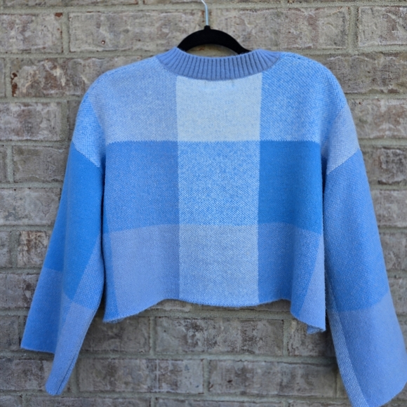 Jessica Simpson Sweater Womens Blue Cropped Check Soft Oversized Size Small - Picture 7 of 8